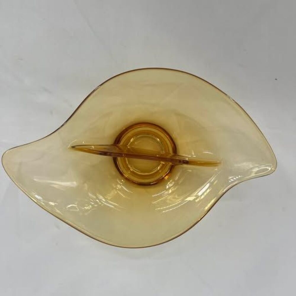 Vintage Amber Glass Divided Relish Dish MCM Sculptural Serving Bowl 10”